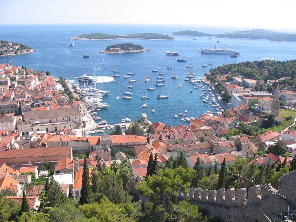 Hvar Town harbour and the Pakleni islands from the Spanish fortress, Croatia