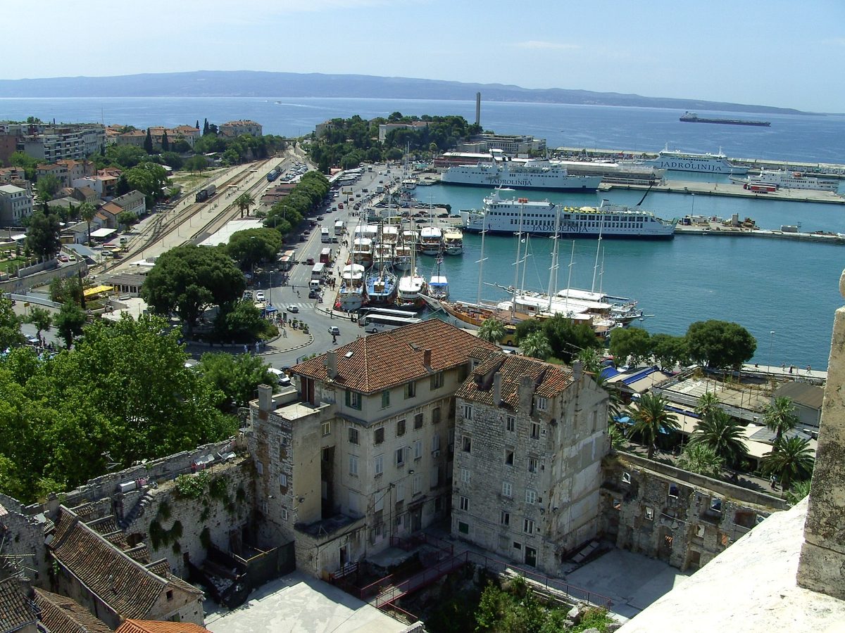 Split harbour and ferry port seen from the cathedral bell tower, Croatia