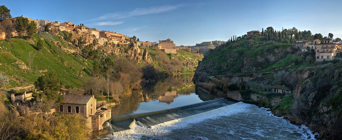The medieval skyline of Toledo above the Tagus river, Spain