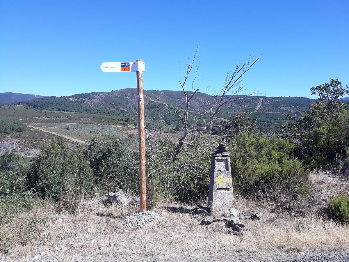 A Camino de Santiago waymarker with its yellow arrow and scallop shell on the trail through the Spanish countryside
