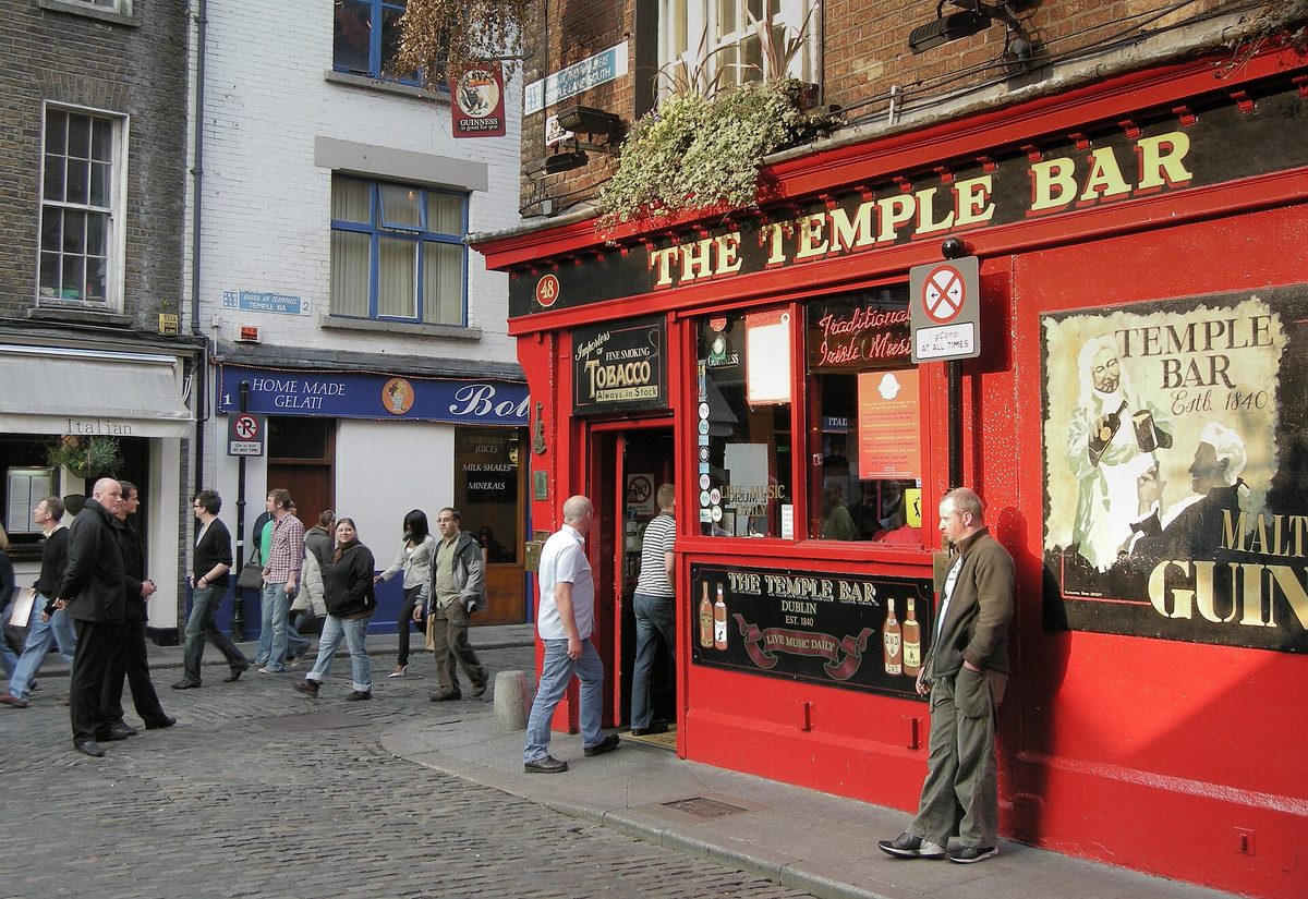 The red facade of the Temple Bar pub in Dublin, Ireland