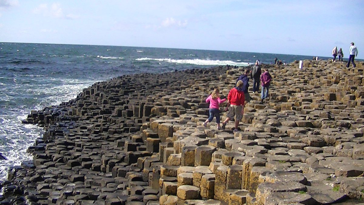 The hexagonal basalt columns of the Giant's Causeway in Northern Ireland