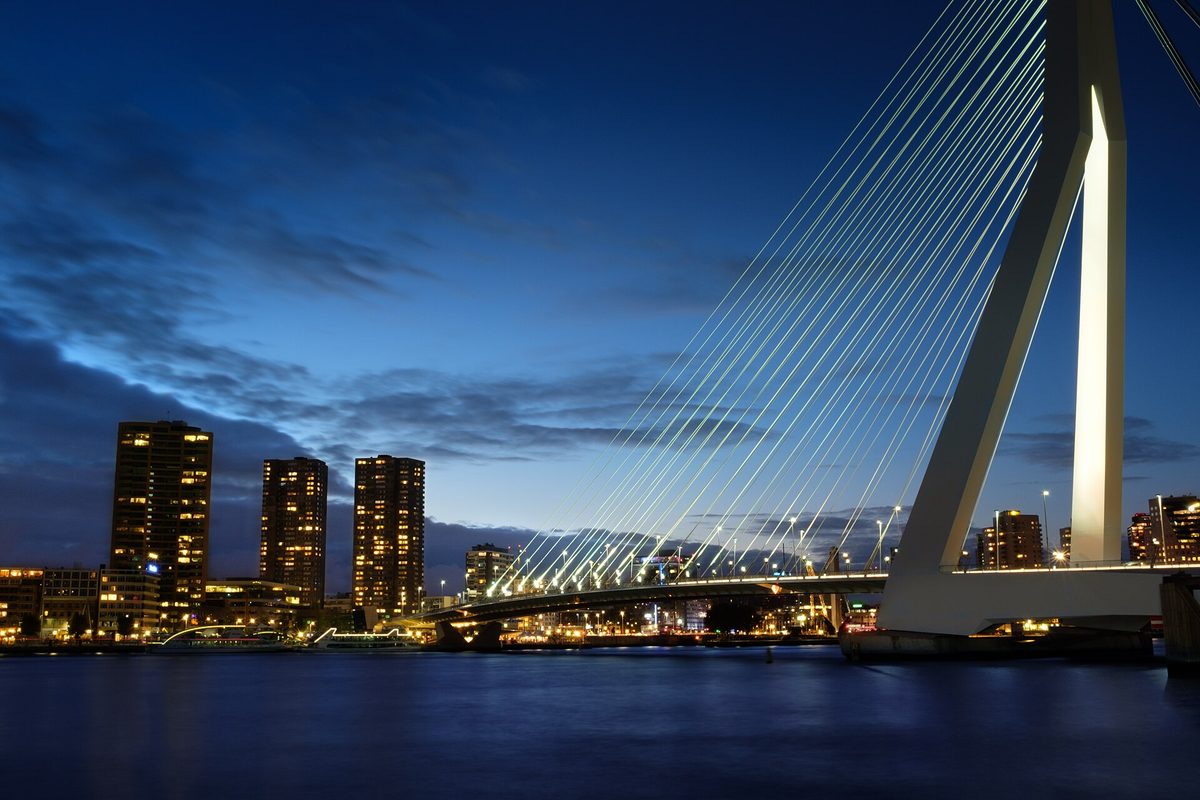 The Erasmus Bridge and modern skyline of Rotterdam, Netherlands