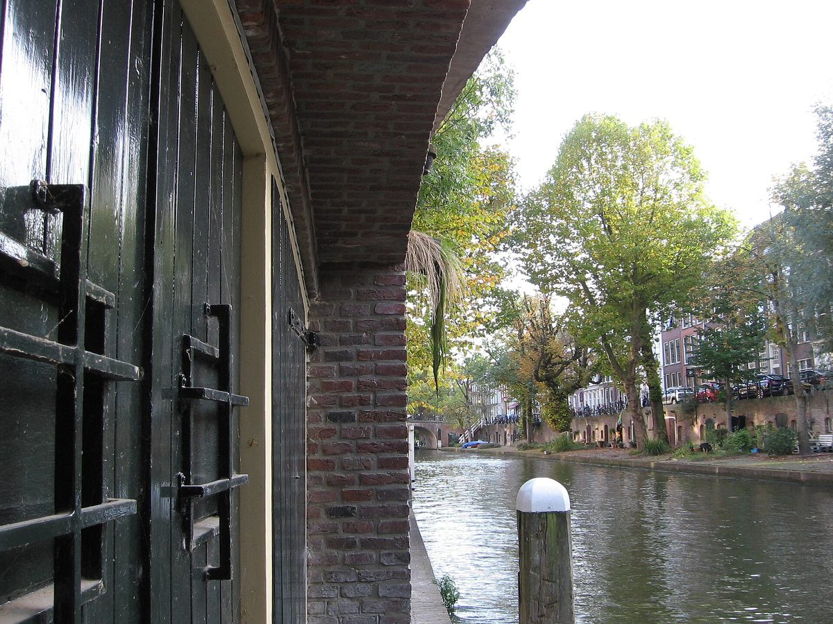 Canal-side wharves and cafe terraces on the Oudegracht in Utrecht, Netherlands