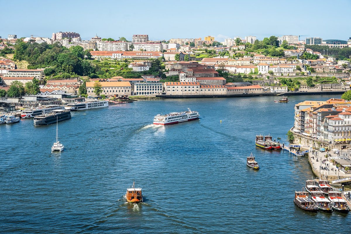 Porto's Ribeira district tumbling down to the Douro River, seen from Vila Nova de Gaia