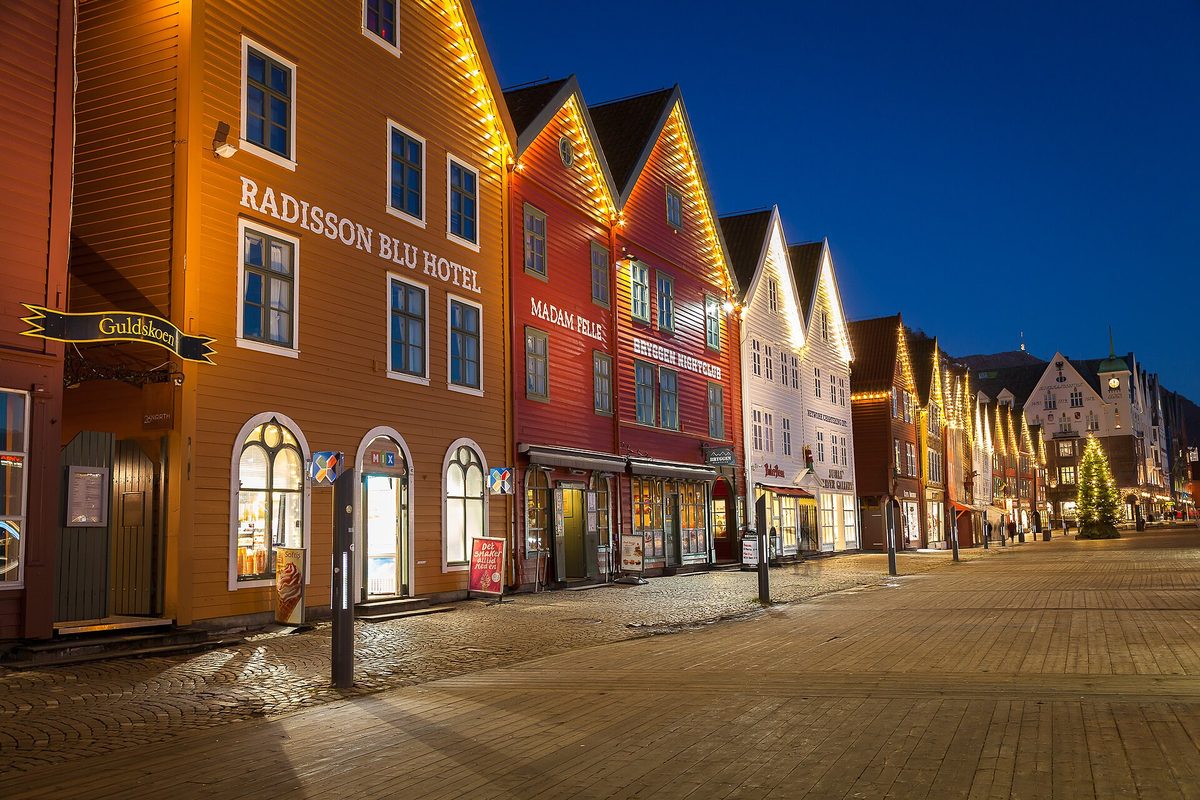 The historic wooden Bryggen wharf in Bergen, gateway to the Norwegian fjords