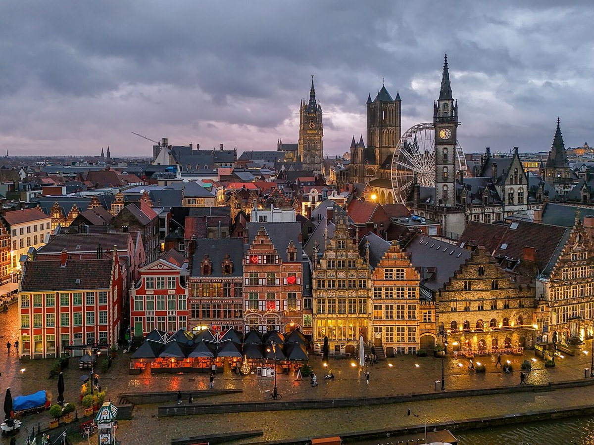 Solo travel Europe: evening falls over Ghent's Graslei quarter, Belgium