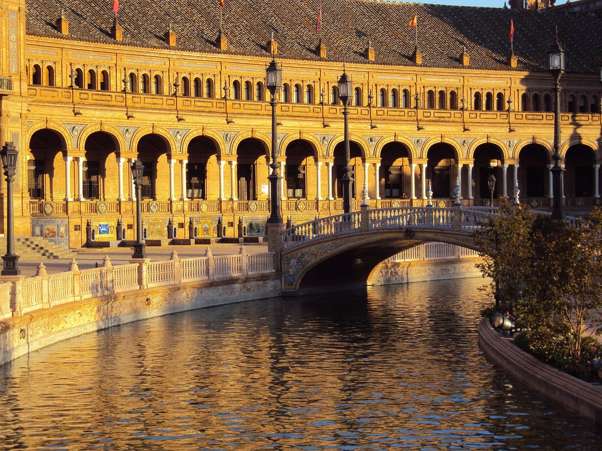 Plaza de Espana in Seville at golden hour, Spain