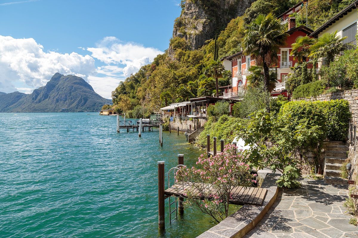 Lake Lugano and the Ticino lakefront with Monte San Salvatore, southern Switzerland