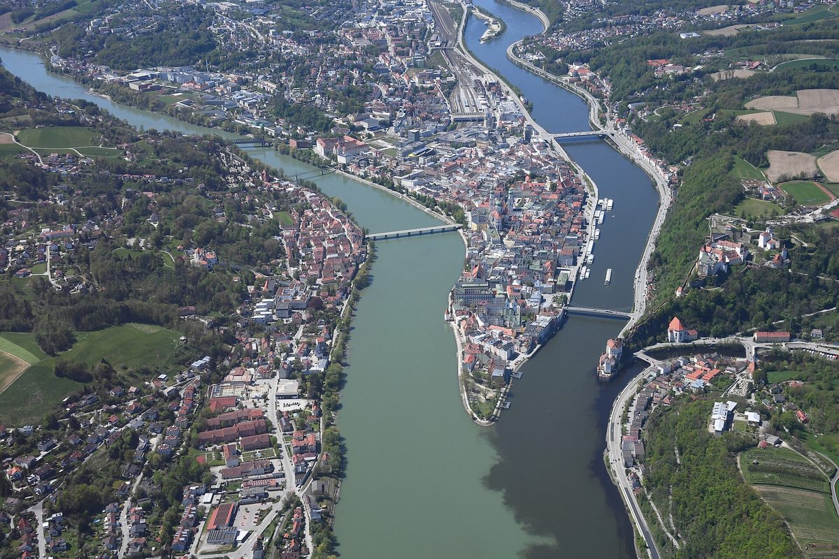 The Danube curving past the baroque old town of Passau, gateway to many Danube cruises