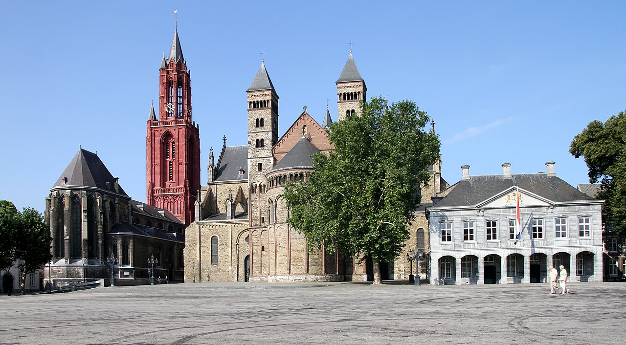 Cafe terraces and twin churches on the Vrijthof square in Maastricht