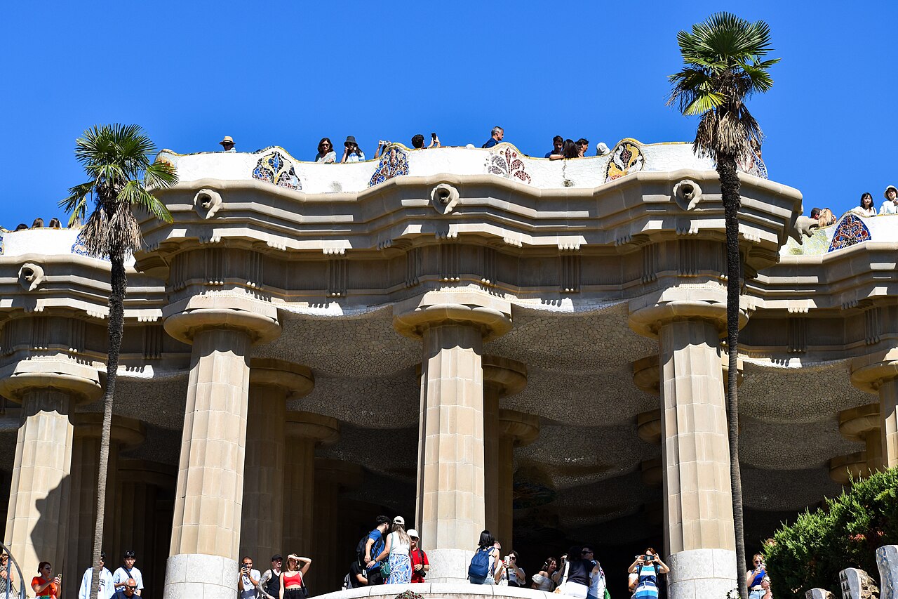 Gaudi's mosaic terraces at Park Guell overlooking Barcelona