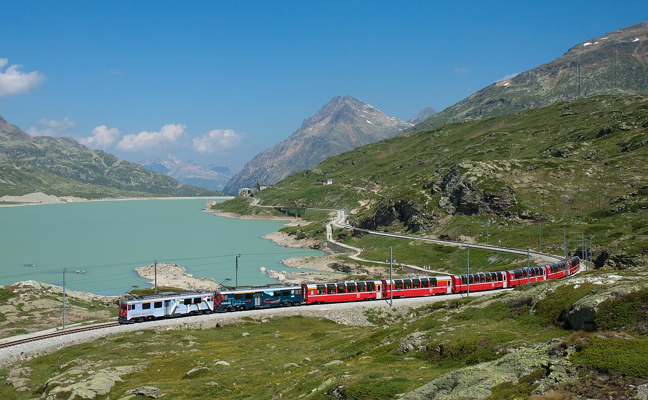 The Bernina Express curving over the circular Brusio spiral viaduct