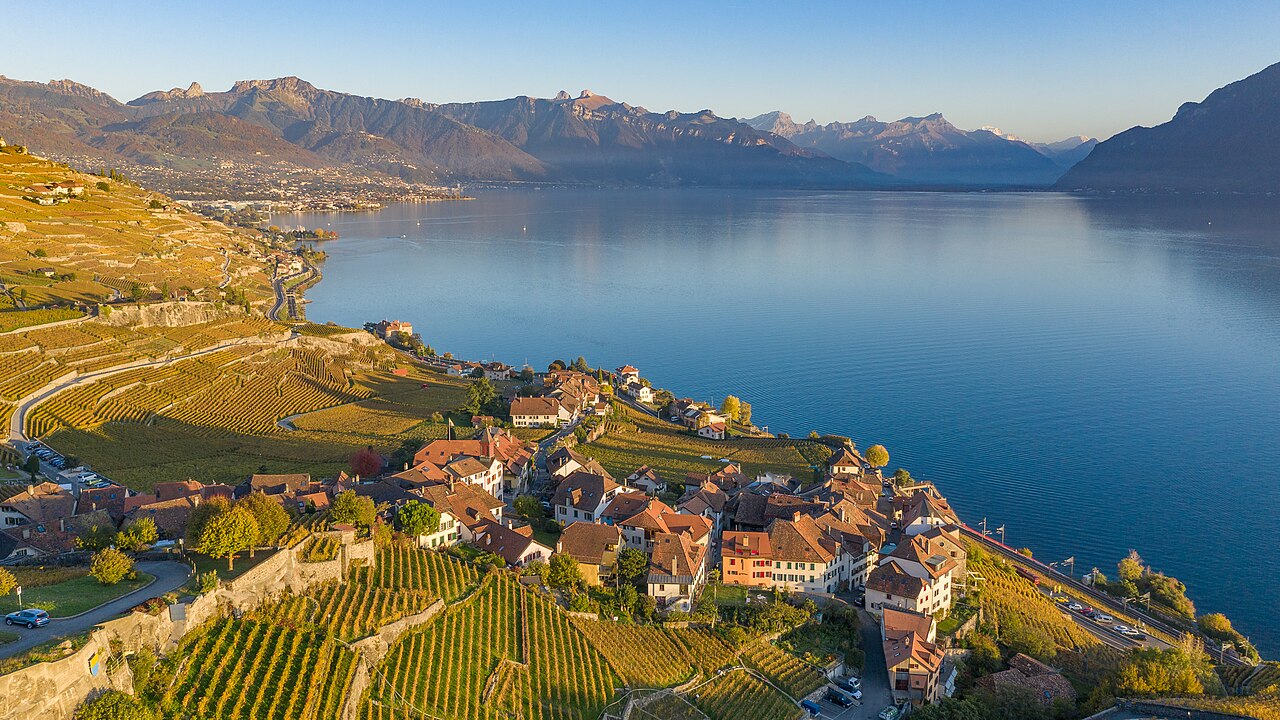 The terraced Lavaux vineyards dropping toward Lake Geneva