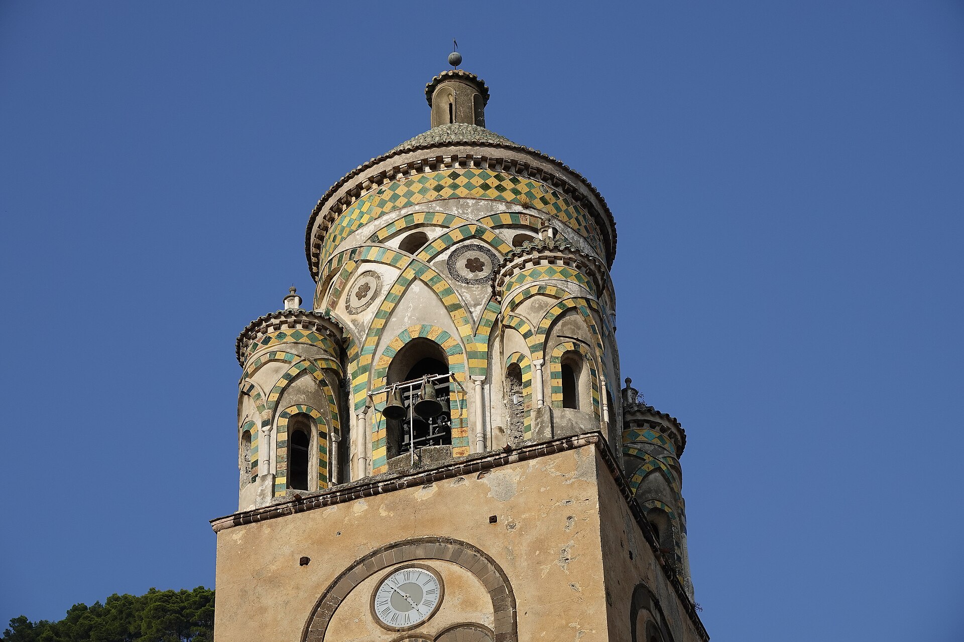 The majolica-tiled dome and bell tower of the Duomo di Sant Andrea in Amalfi