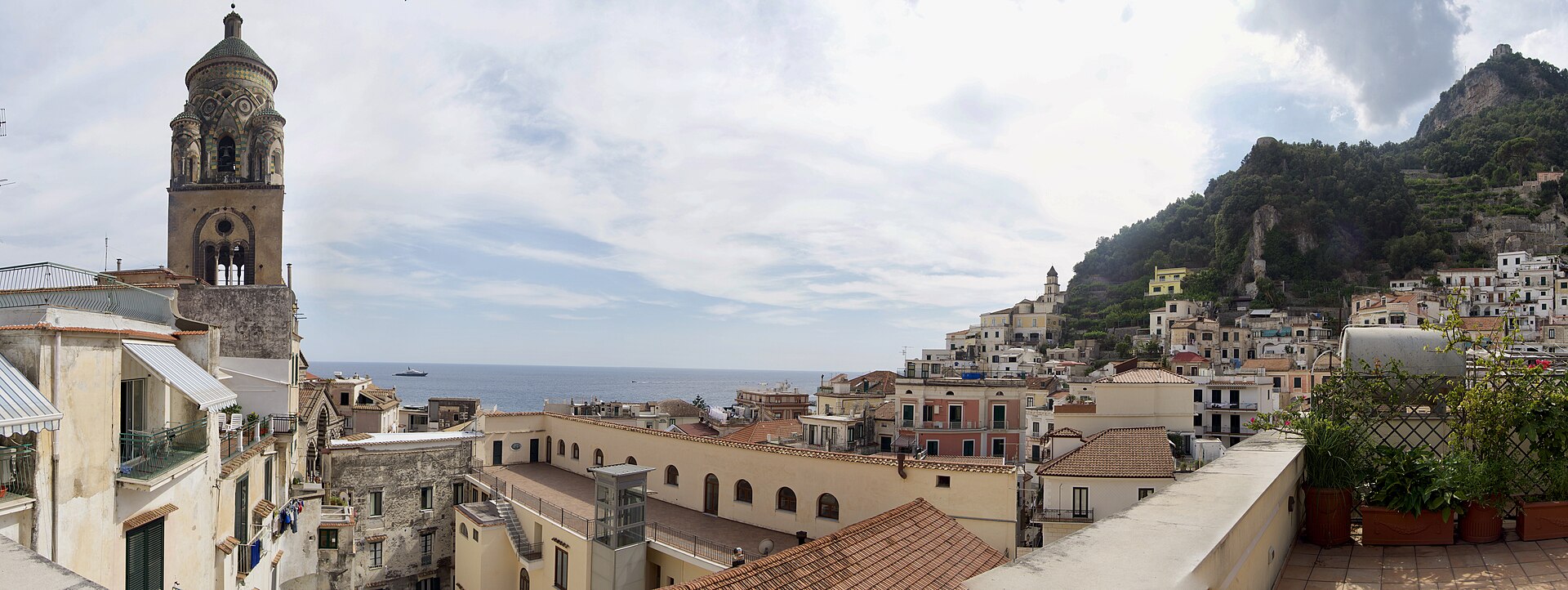 The rooftops of Amalfi town below the cathedral bell tower