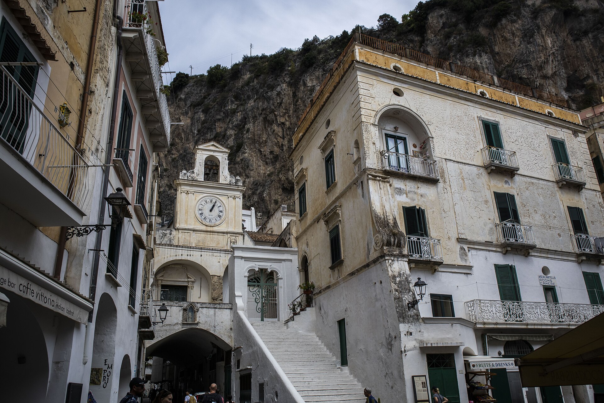 The arched clock tower and stepped lanes of Atrani, next door to Amalfi