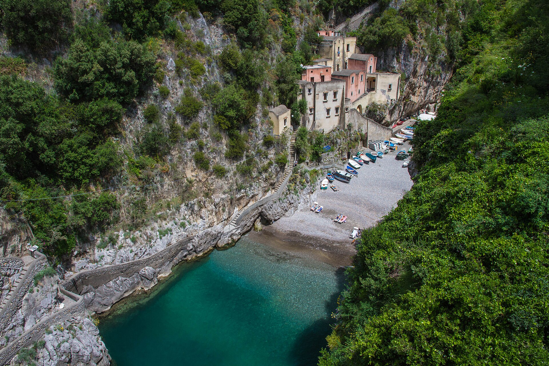 The narrow inlet and arched road bridge of the Fiordo di Furore