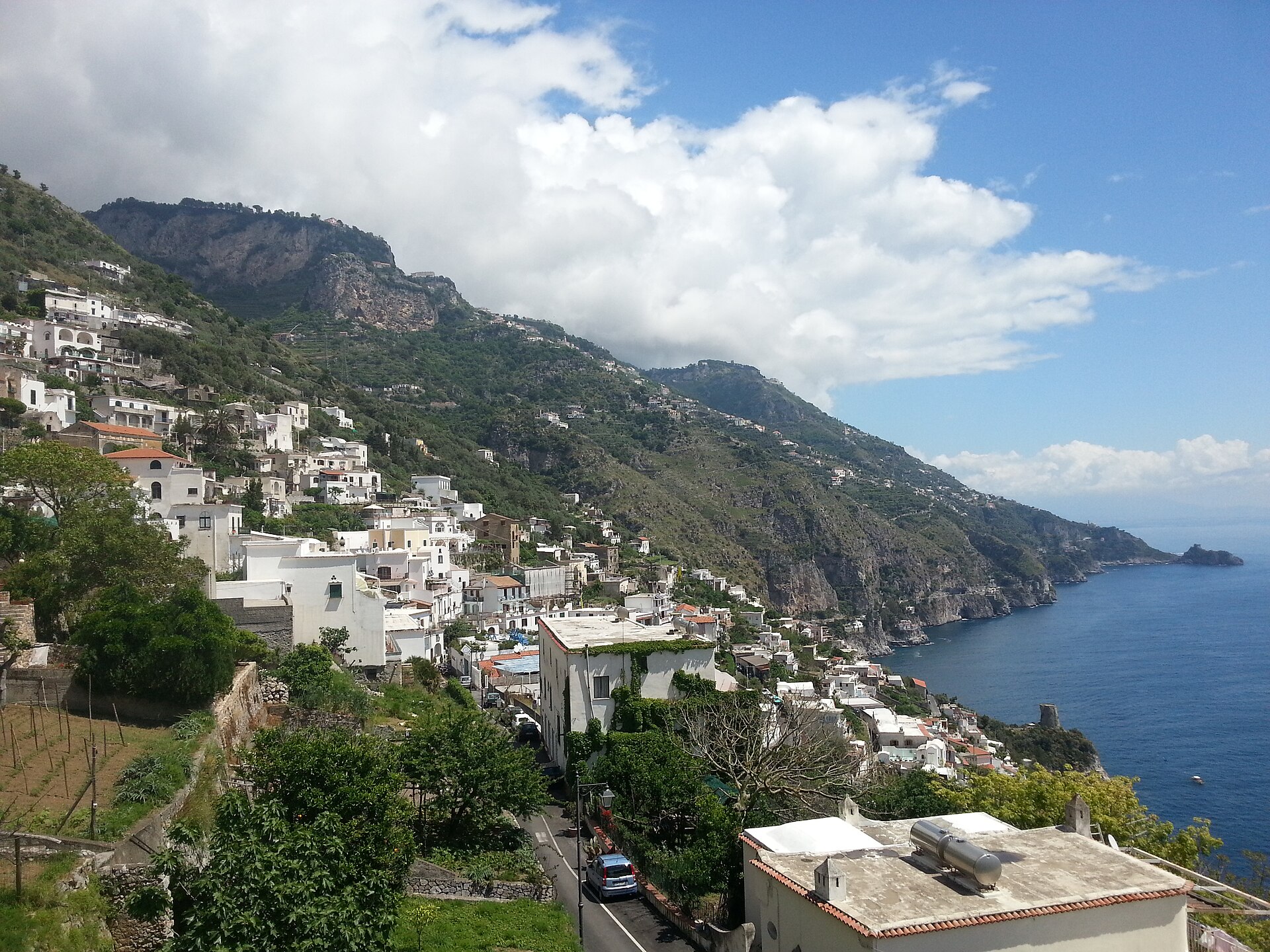 The white houses of Praiano spread across the hillside between Positano and Amalfi