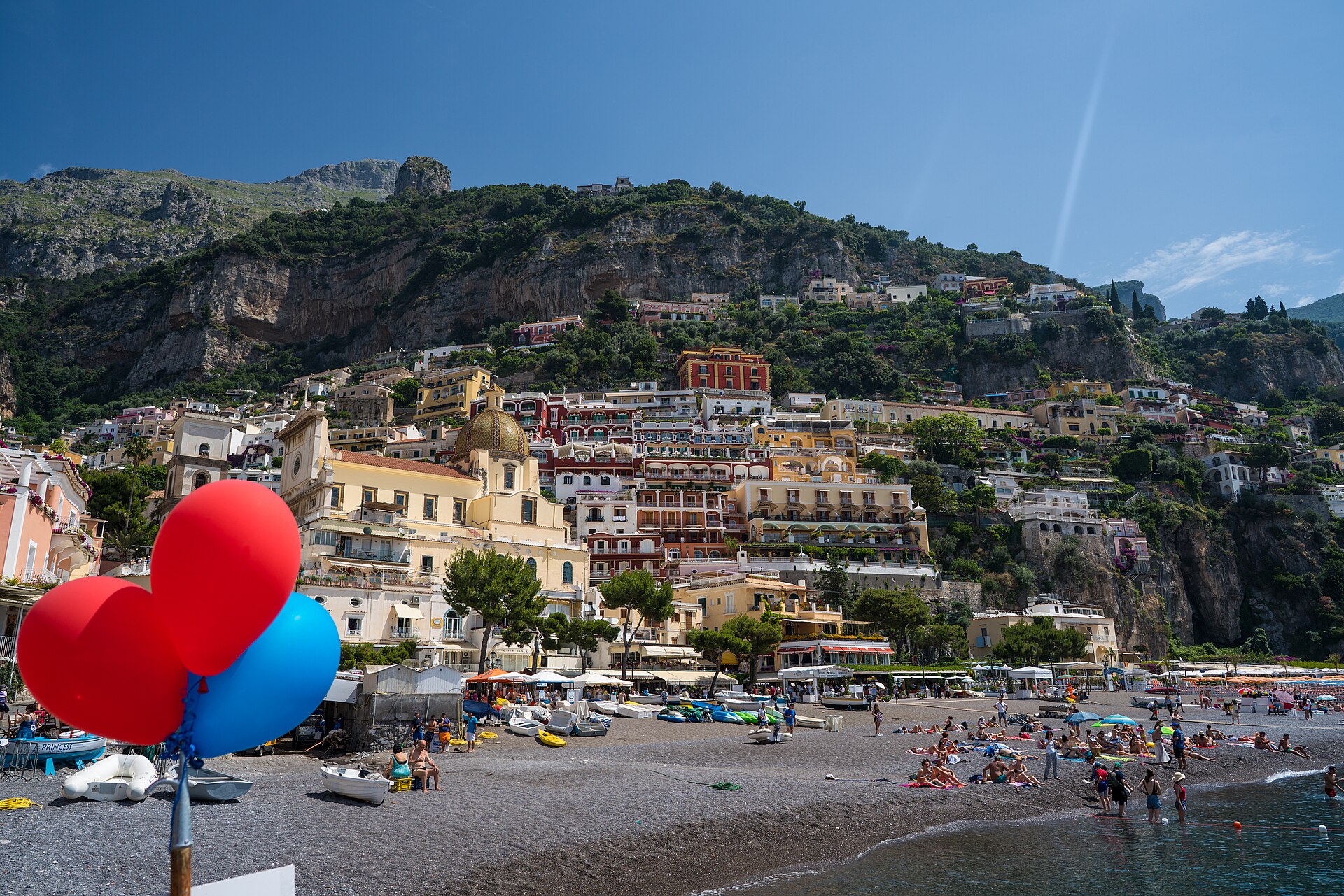 Umbrellas and sunbeds on Spiaggia Grande, the main beach at Positano on the Amalfi Coast
