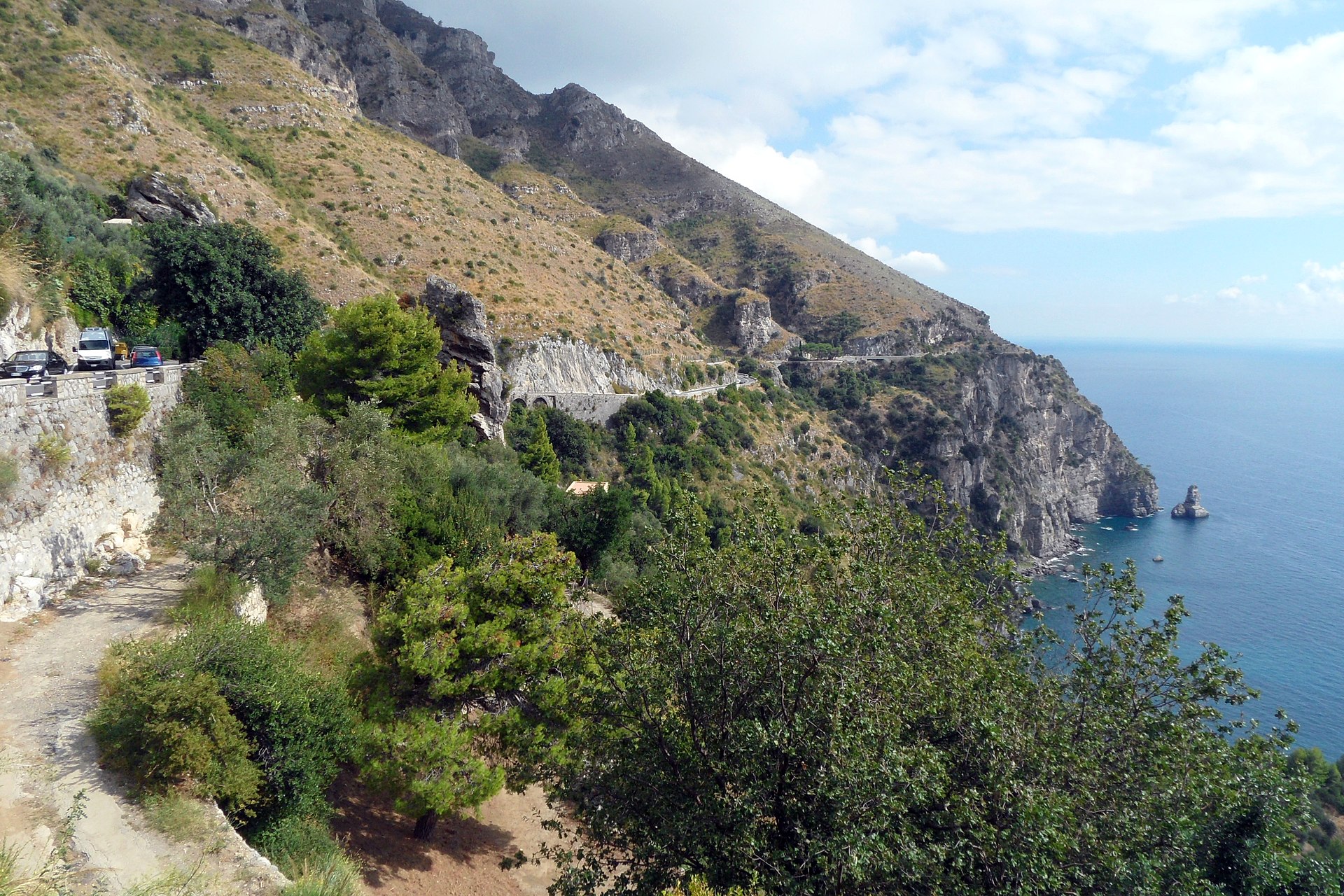 The SS163 Amalfitana coast road cut into the cliffs above the Amalfi Coast