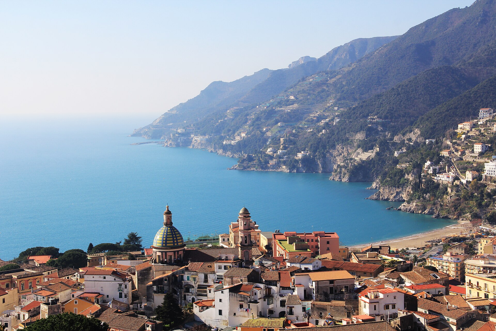 The tiled church domes of Vietri sul Mare at the eastern end of the Amalfi Coast