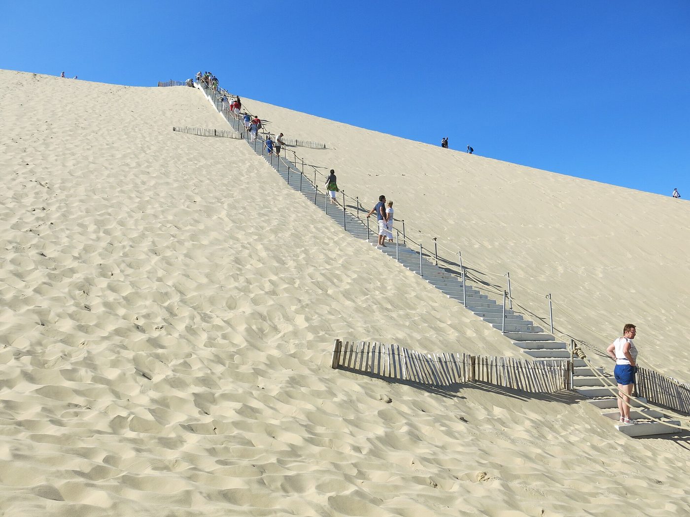 Visitors climbing the seasonal staircase up the Dune du Pilat near Arcachon