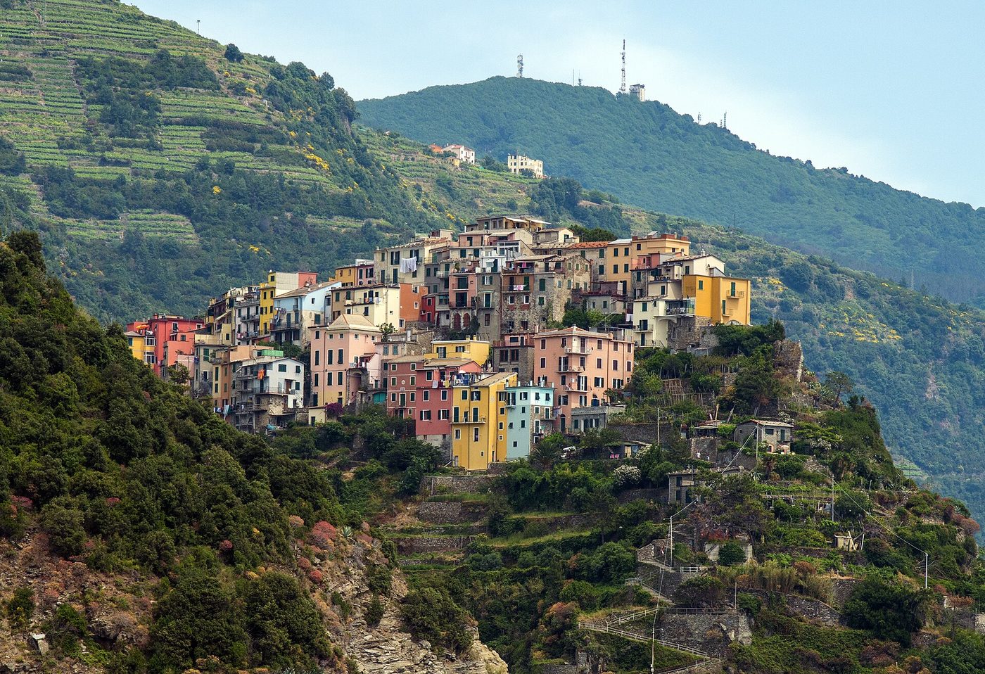 Corniglia on its promontory high above the sea, the only Cinque Terre village without a harbour
