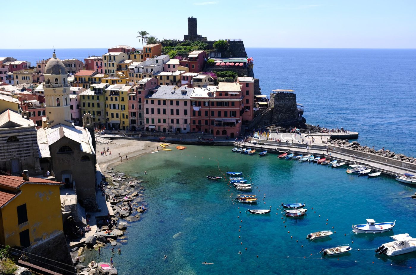 Vernazza and its natural harbour full of small boats, the view the ferry gives you