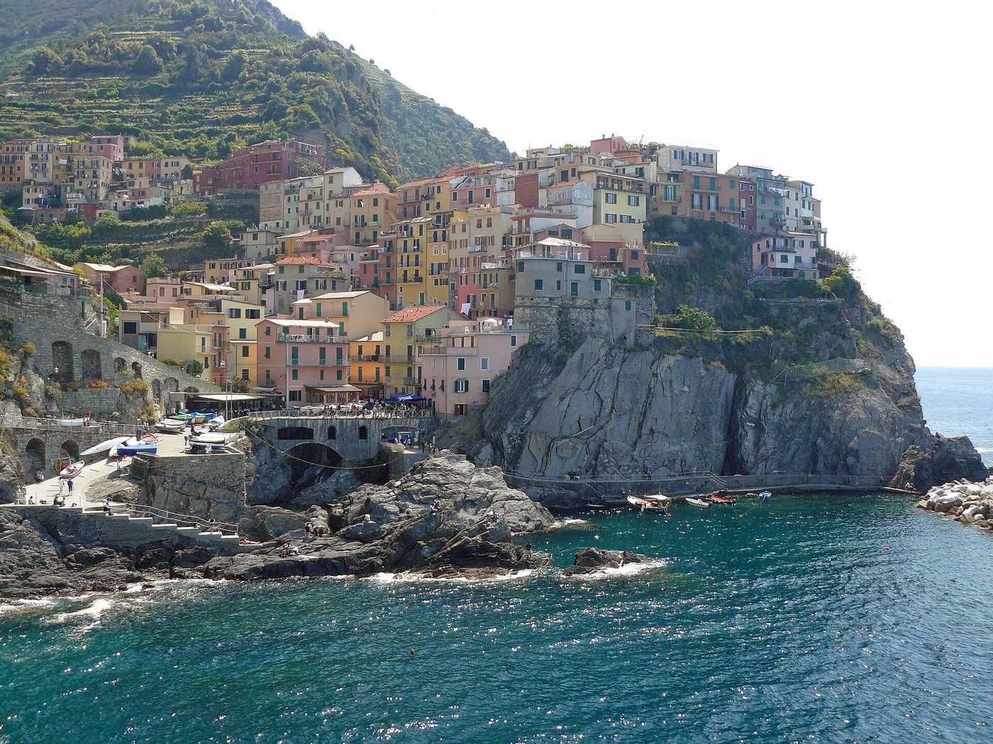 Manarola stacked above its harbour in the Cinque Terre