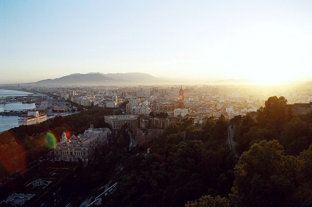 Malaga city and the port seen at sunset from the Gibralfaro castle