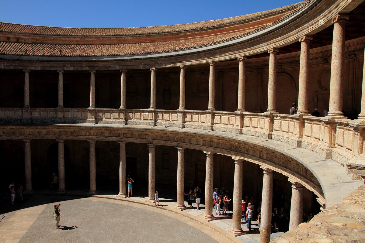 The circular two-storey courtyard of the Palace of Charles V inside the Alhambra, Granada