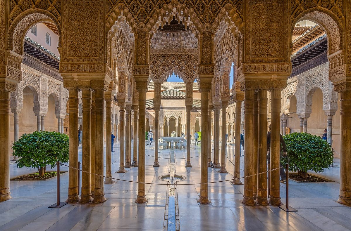 The Court of the Lions in the Nasrid Palaces of the Alhambra, the centrepiece of any Granada travel guide