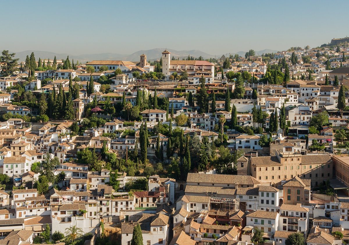 The Albayzin quarter of Granada seen from the Alhambra, with the church of San Nicolas on the ridge
