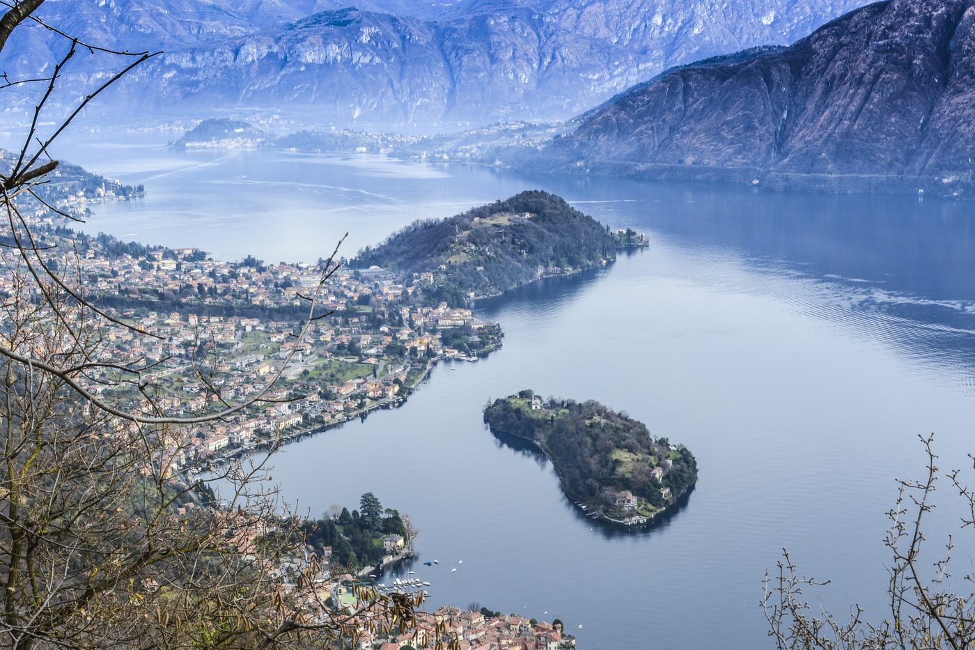 Isola Comacina, the only island on Lake Como, seen from the hills of the western shore
