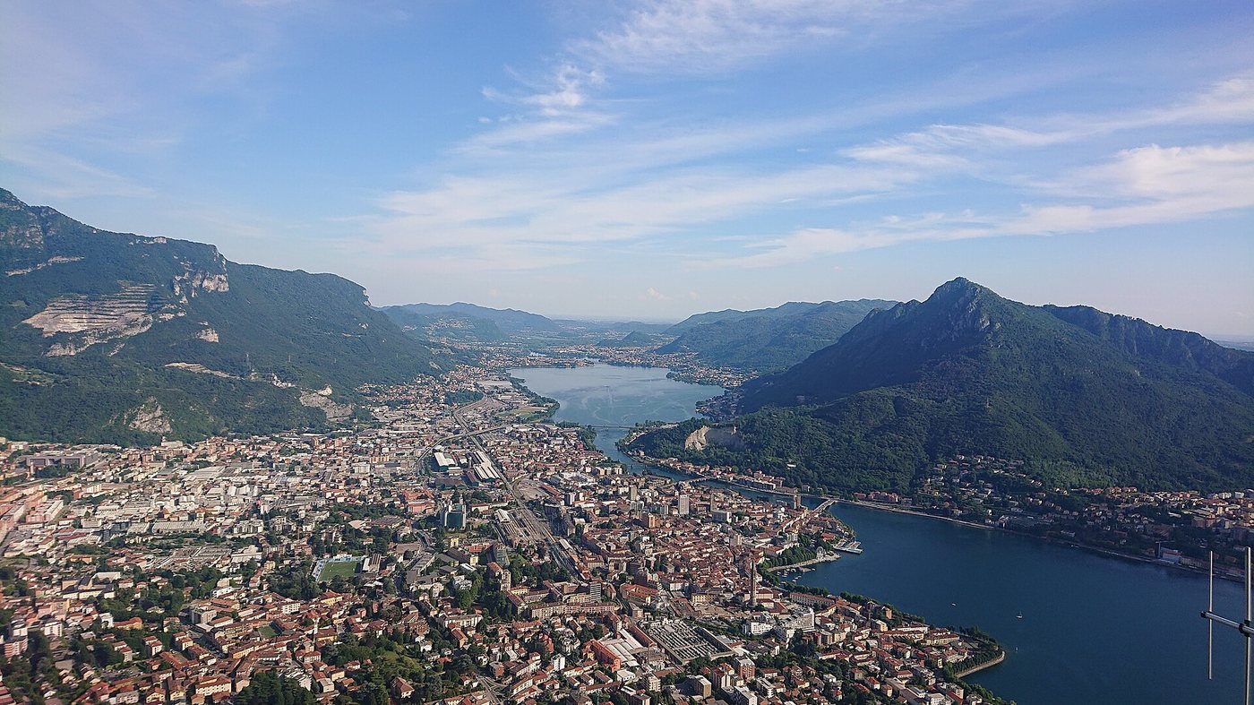 The city of Lecco and the eastern branch of Lake Como seen from above