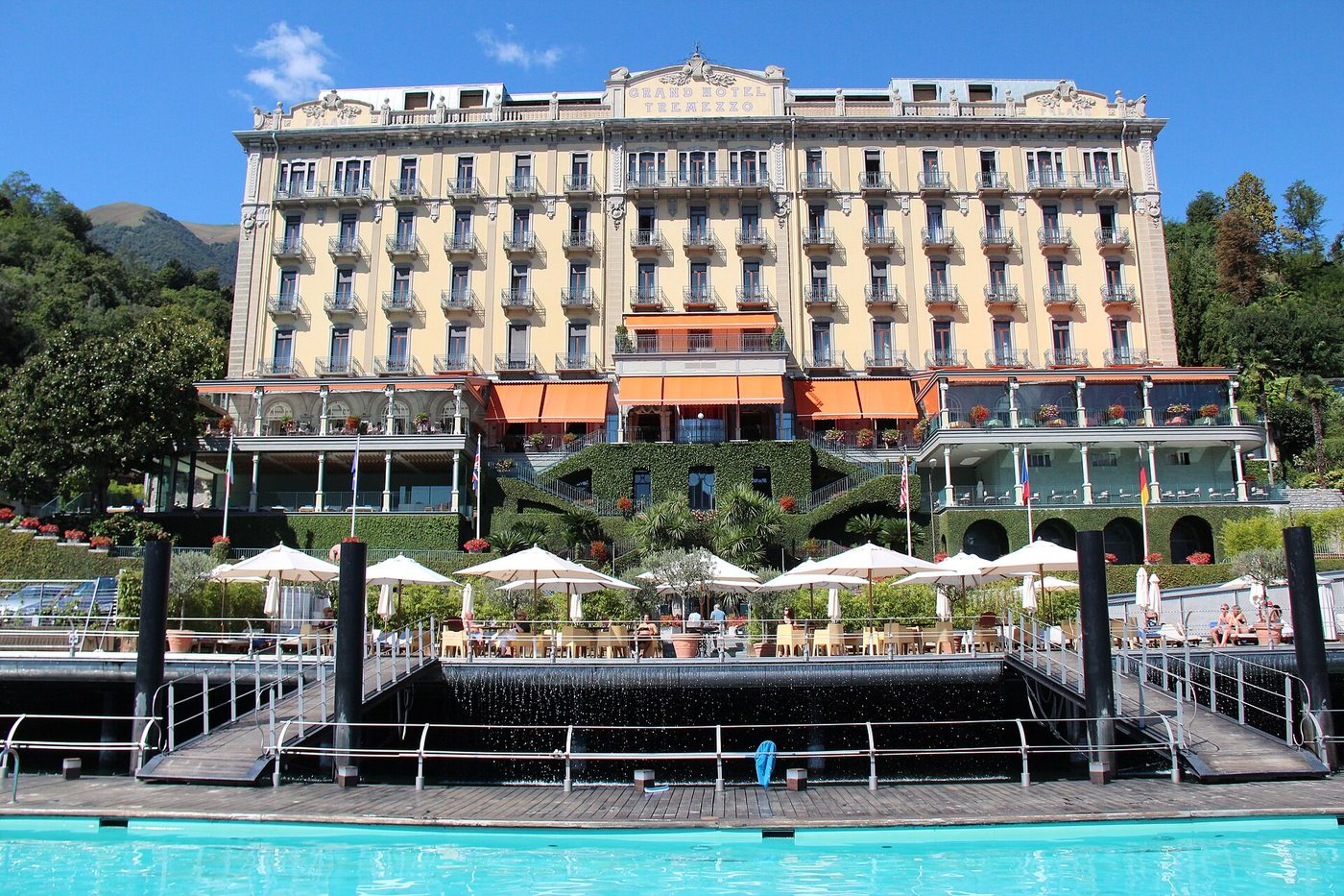 The Grand Hotel Tremezzo and its floating pool on the waterfront at Tremezzo
