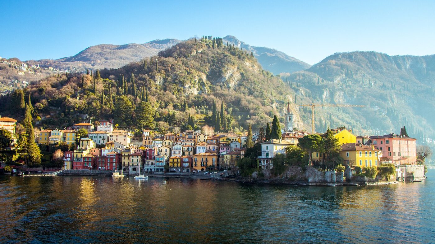 The ochre and pink waterfront houses of Varenna on the eastern shore of Lake Como