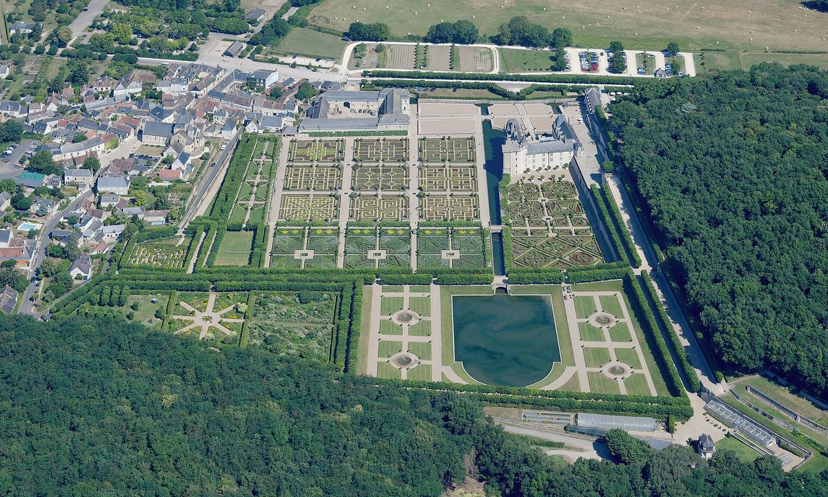 An aerial view of the geometric Renaissance kitchen gardens at the Château de Villandry