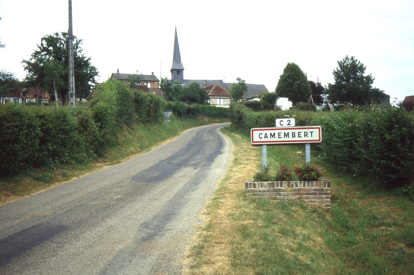 The road sign at the entrance to the village of Camembert in the Orne