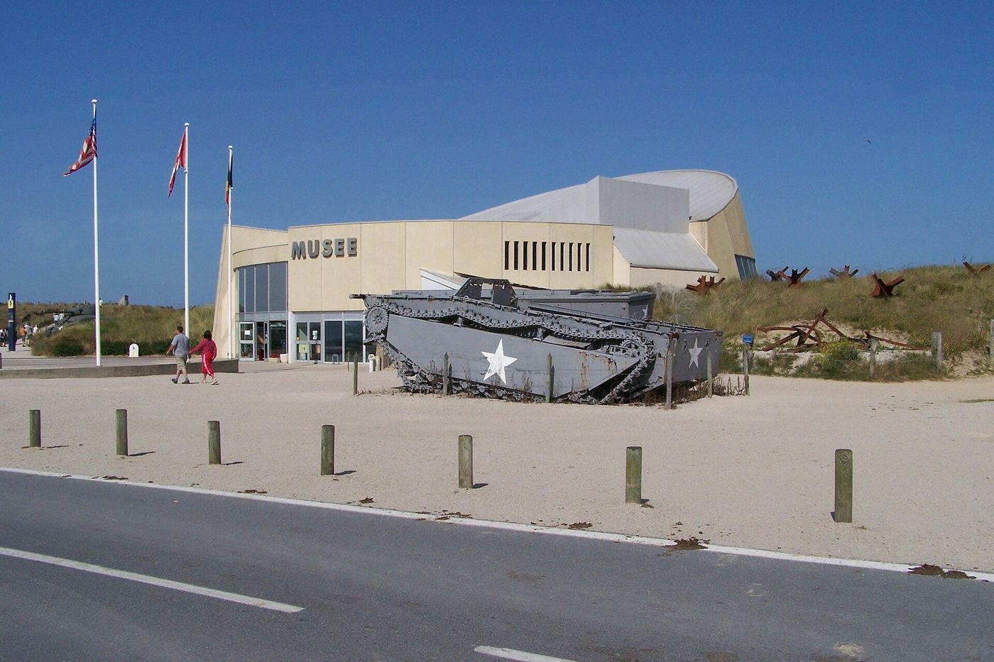 The Utah Beach Landing Museum and an amphibious tractor on the dunes at Sainte-Marie-du-Mont