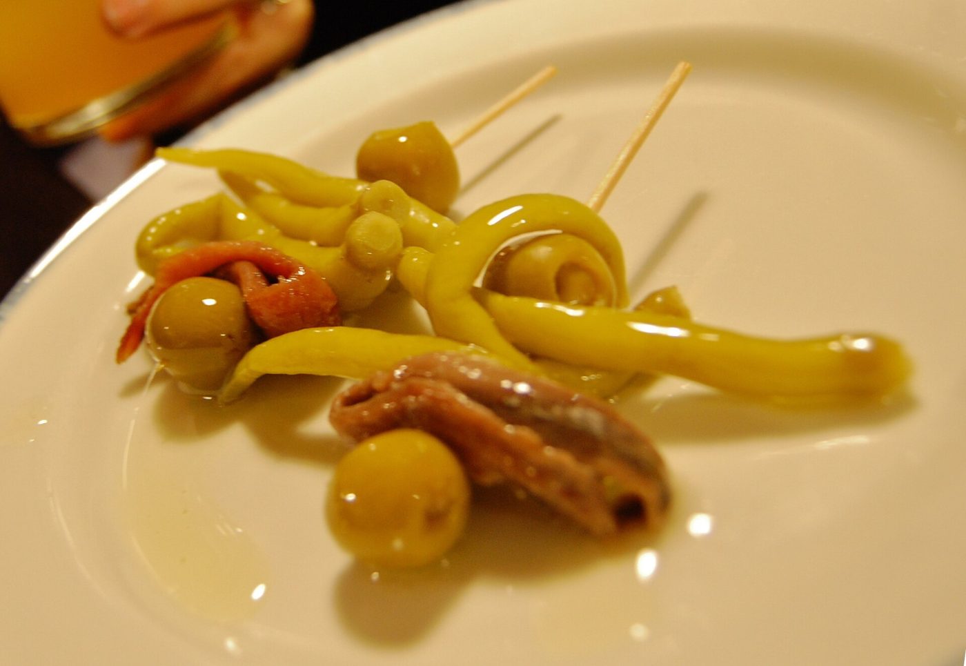 Gildas, the original pintxo: olive, pickled guindilla peppers and anchovy on a stick