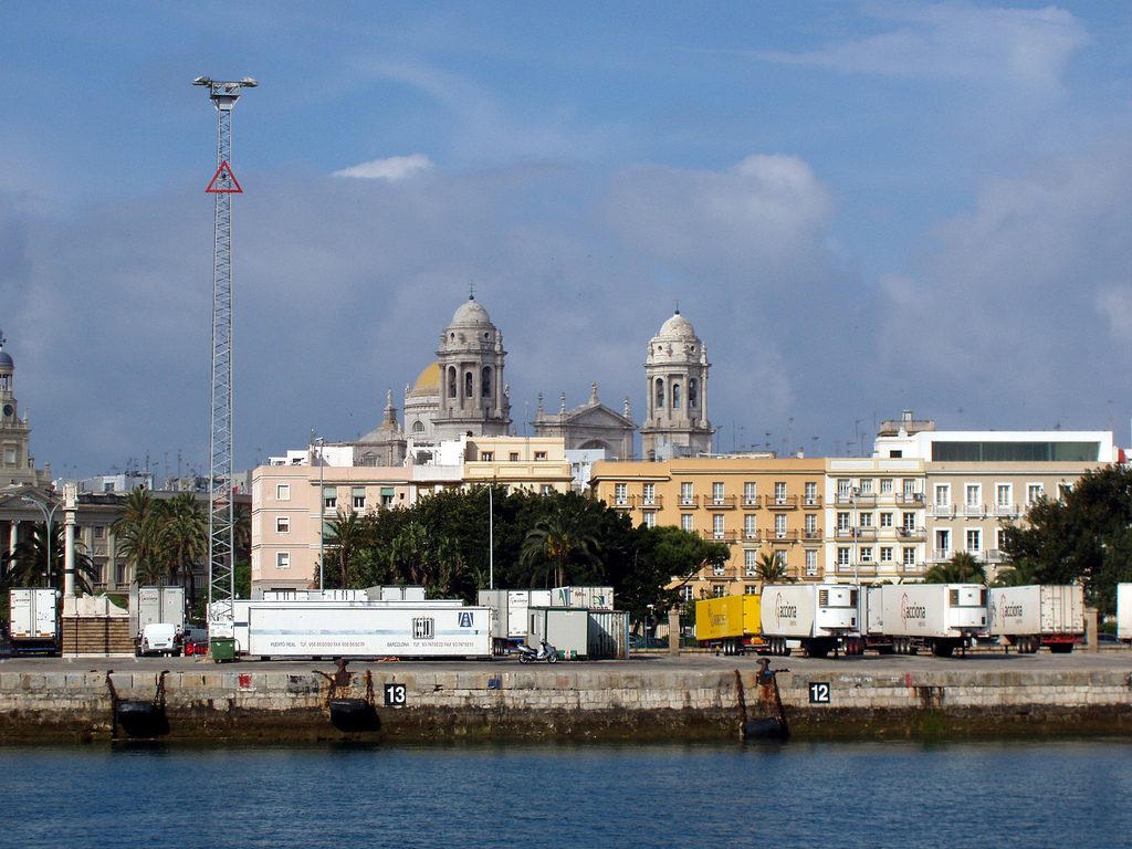 The cathedral of Cádiz seen across the harbour on the Atlantic coast of Andalusia