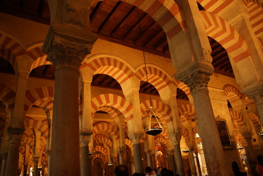 The striped double arches inside the Mezquita-Catedral of Córdoba