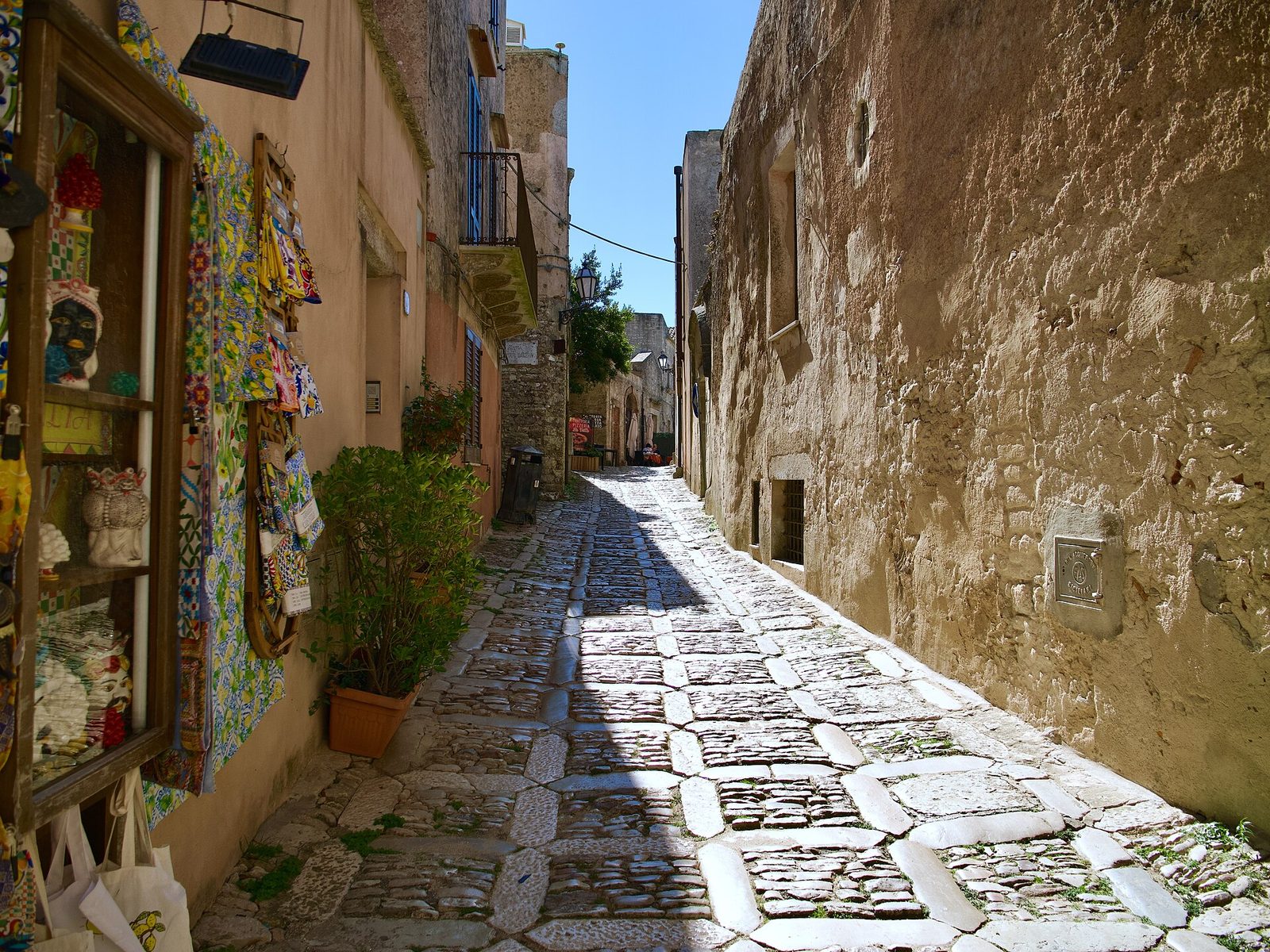 A narrow cobbled lane in the hill village of Erice in western Sicily