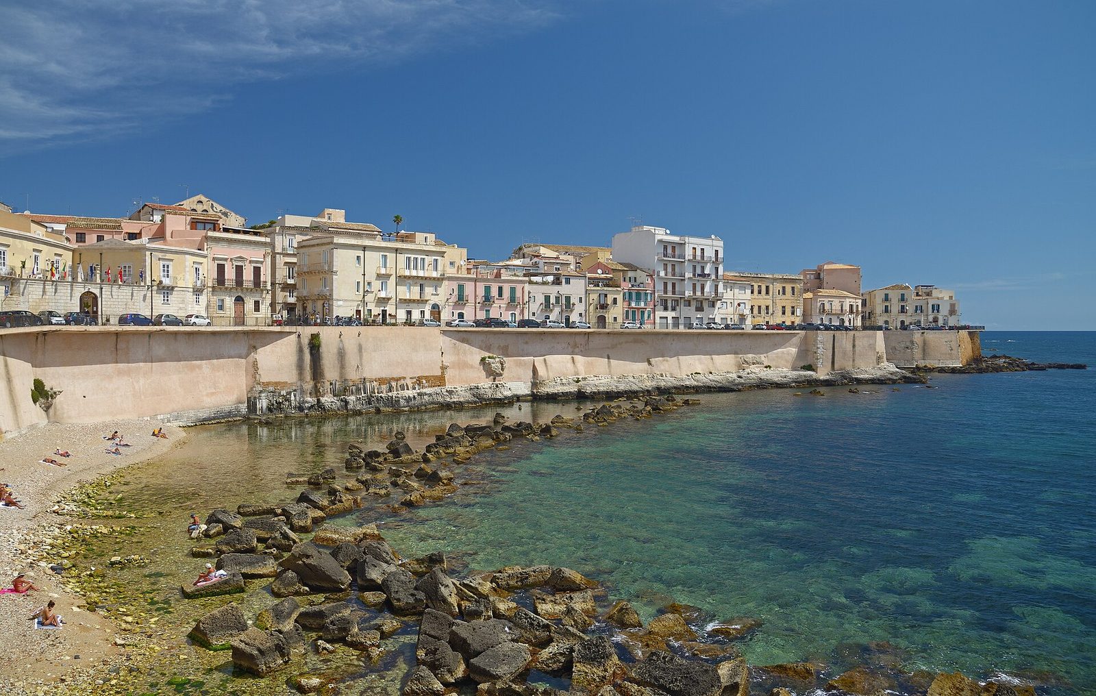 The seafront and pastel houses of Ortigia, the island old town of Syracuse in Sicily