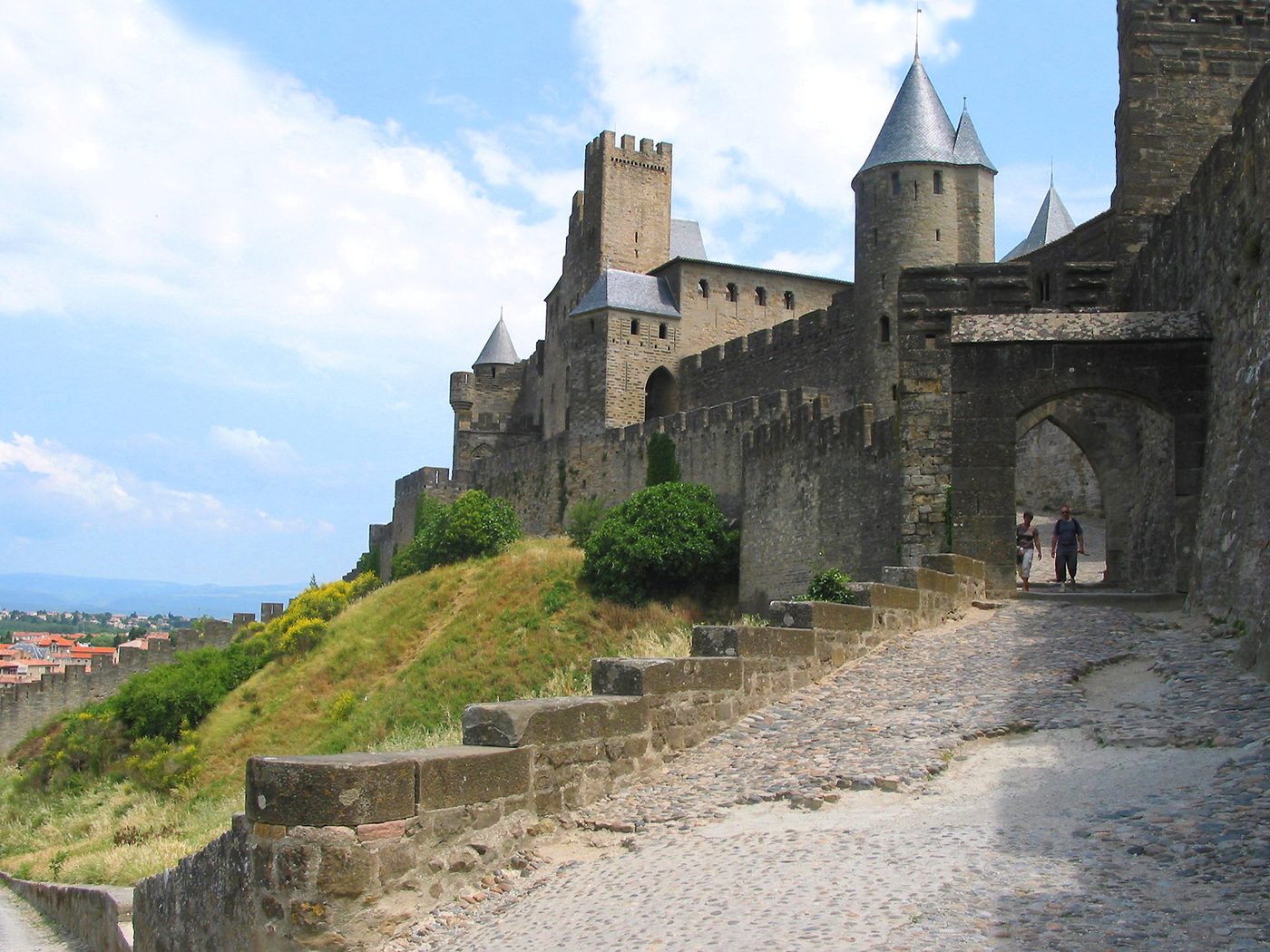 The double ramparts and turrets of the medieval Cite de Carcassonne
