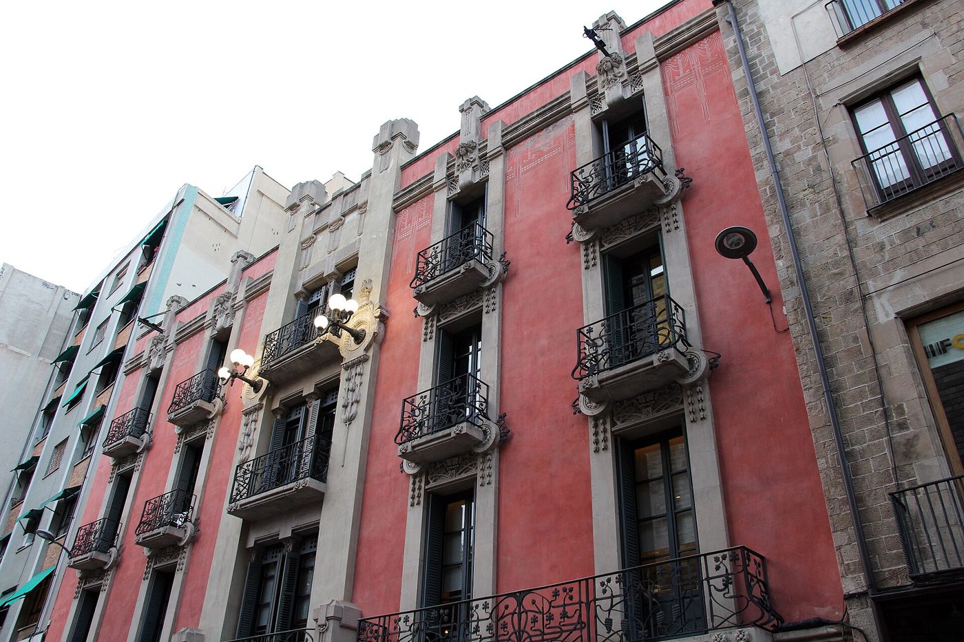 Ornate balconies on Carrer dels Arcs in the Barri Gotic, Barcelona