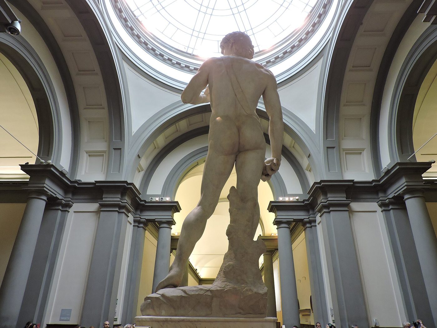 Michelangelo's David seen from behind under the skylight of the Tribuna in the Accademia Gallery, Florence