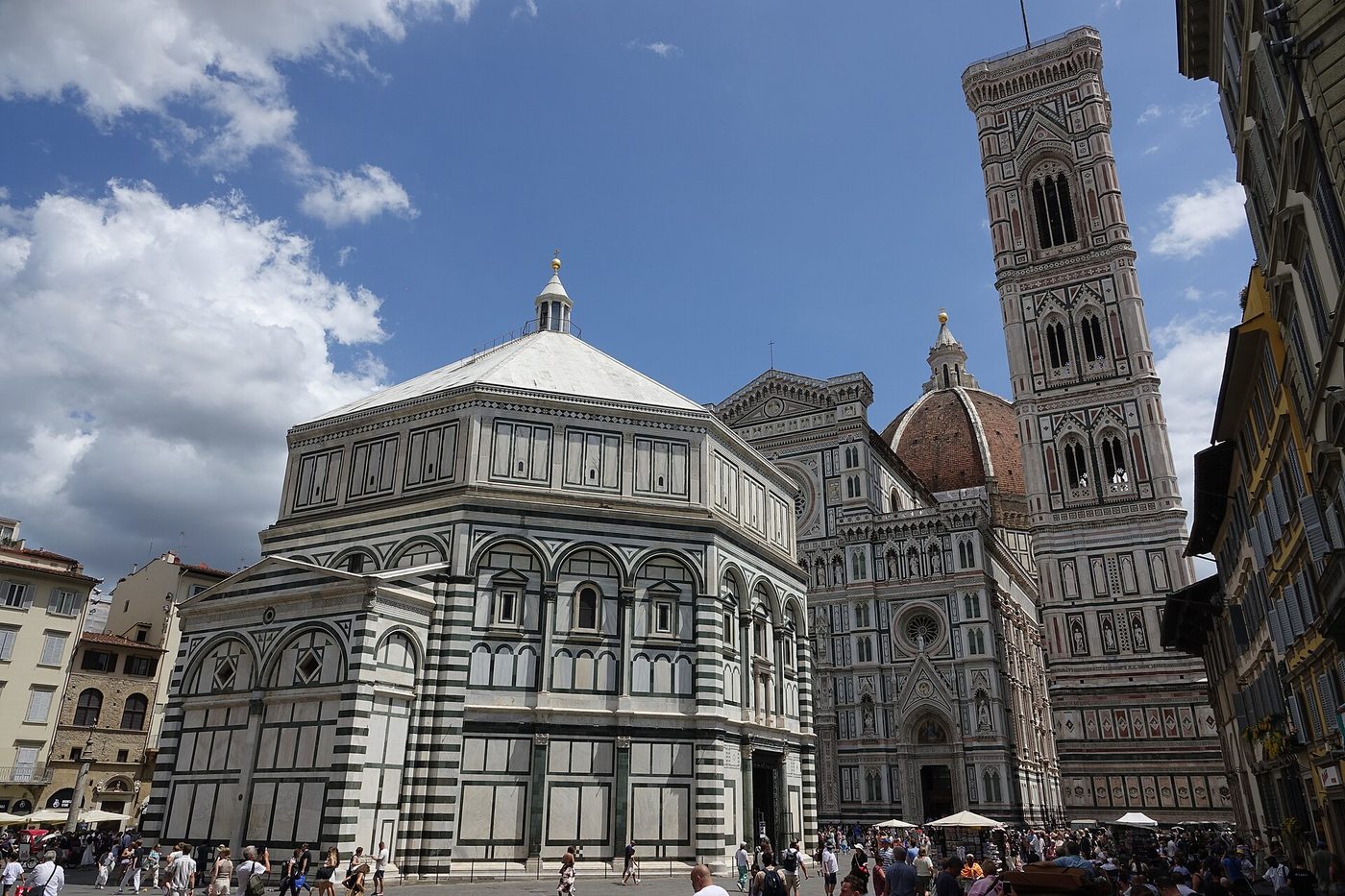 The Baptistery, Giotto's campanile and the dome of Florence Cathedral on Piazza del Duomo, the starting point for things to do in Florence